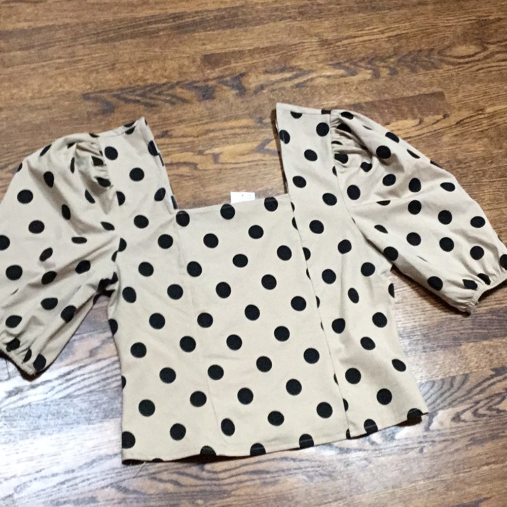Beige and Black Polka Dot Smocked Statement Sleeve Top NWT
